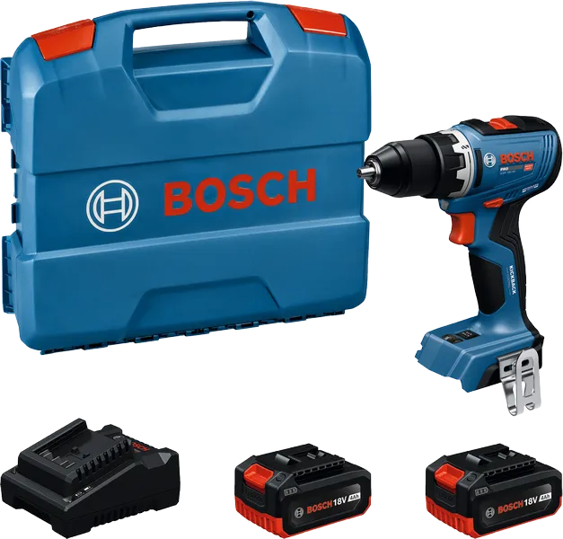 Bosch GSR 18V-65 akku-boremaskinesæt med kuffert og batterier.
